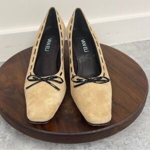 Vaneli Women's Beige Suede Heels with Black Bow
